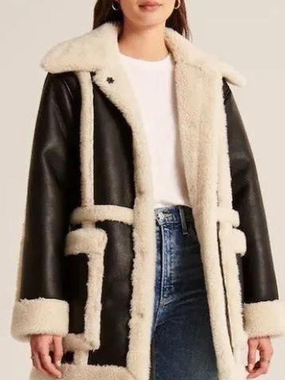 Abercrombie & Fitch Black Faux Shearling-Trim Leather Jacket